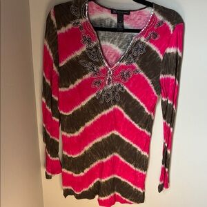 INC International Concepts Pink and Brown Tie Dyed Long Sleeve Top